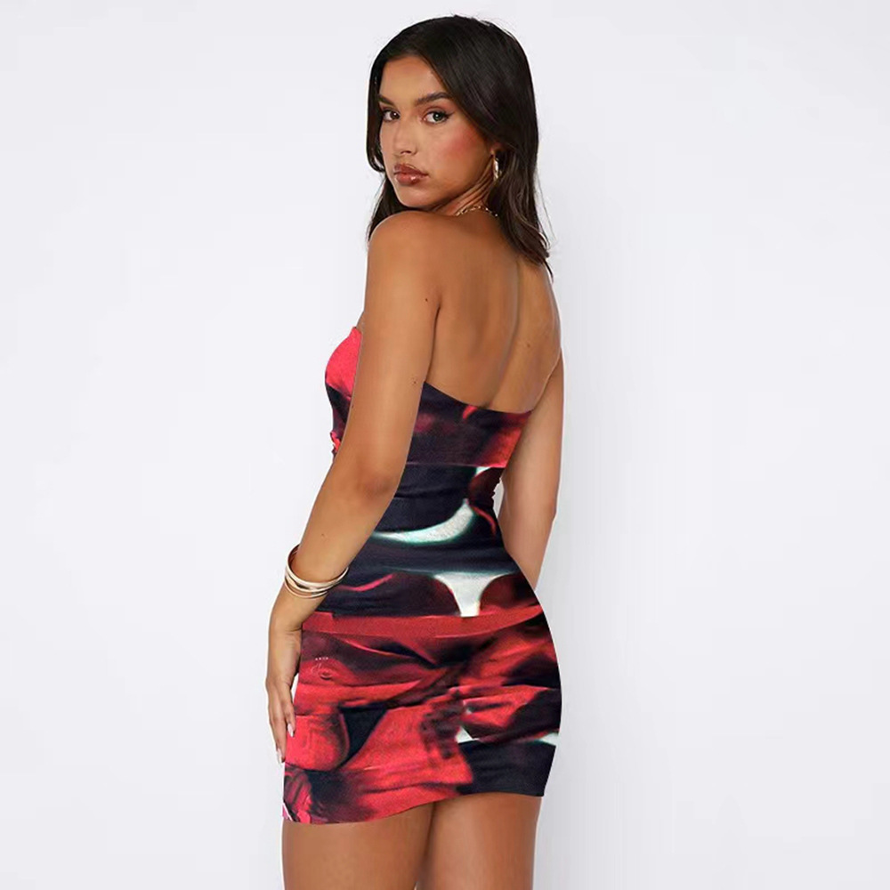 OM- 2024 Summer New Sexy Strapless Printed Bodycon Dress Fashionable Slimming Dress Women's Dress
